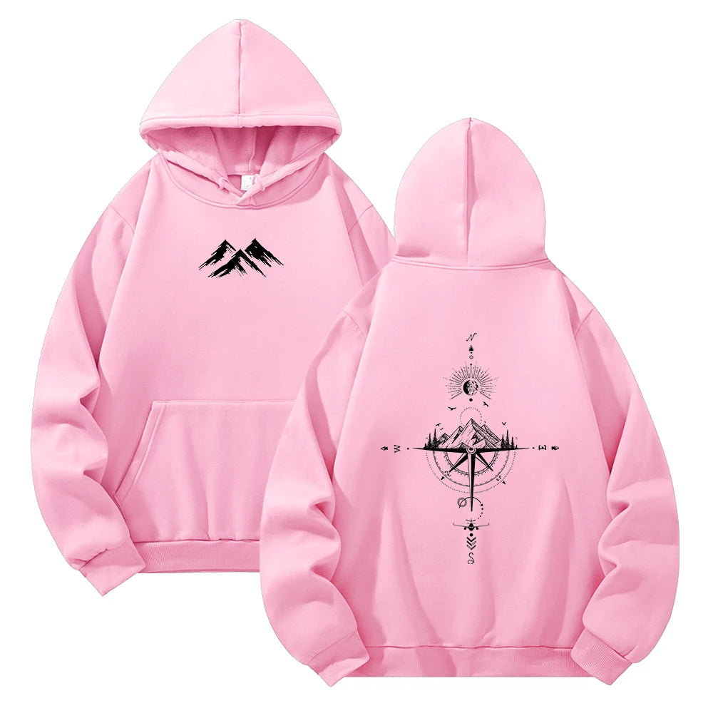 Hoodie Unisex Pocket Long Sleeve Casual Loose Tops Streetwear Pullover Hooded Sweatshir Minimalist Mountain Compass Print