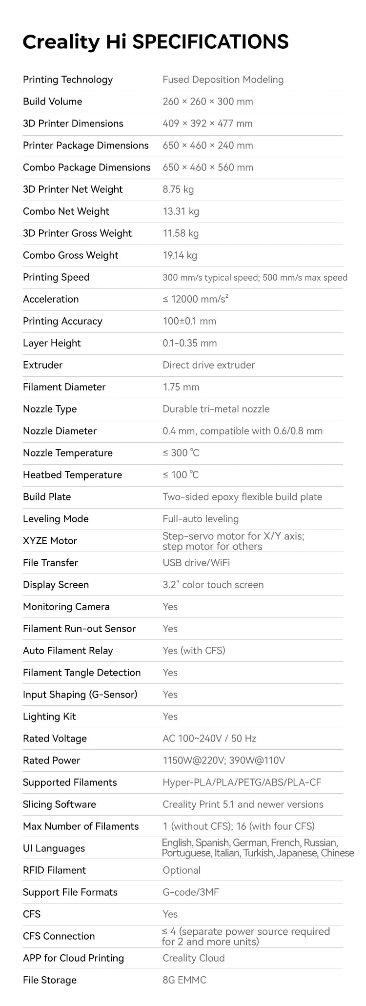 Creality CFS/Hi/Hi Combo 3D Printer Auto Bed Leveling Full Metal Extruder with 500 mm/s 12000 mm/s² max acceleration Fast Print