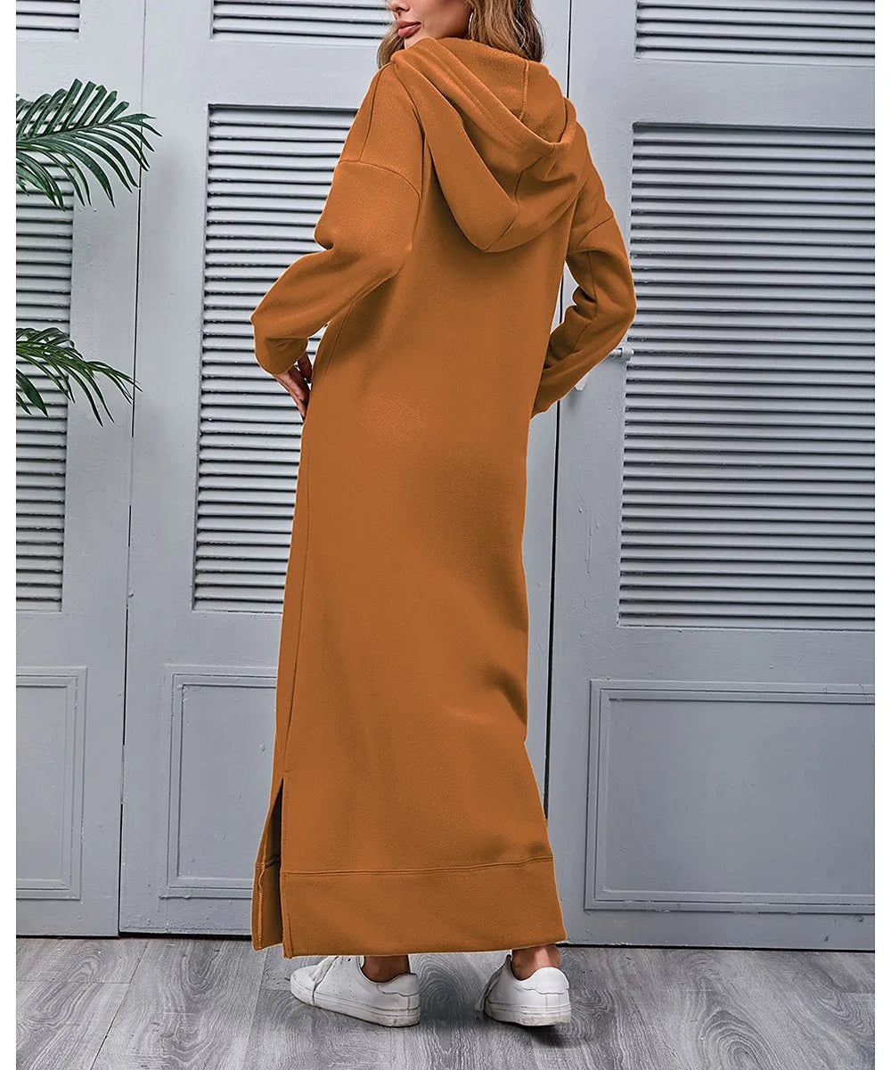 Hoodies Dress For Women Fashion 2025 Hem Lace-up Midi Robe Hooded Long Dress Autumn Winter Warm Casual Loose Sweatshirt Vestidos