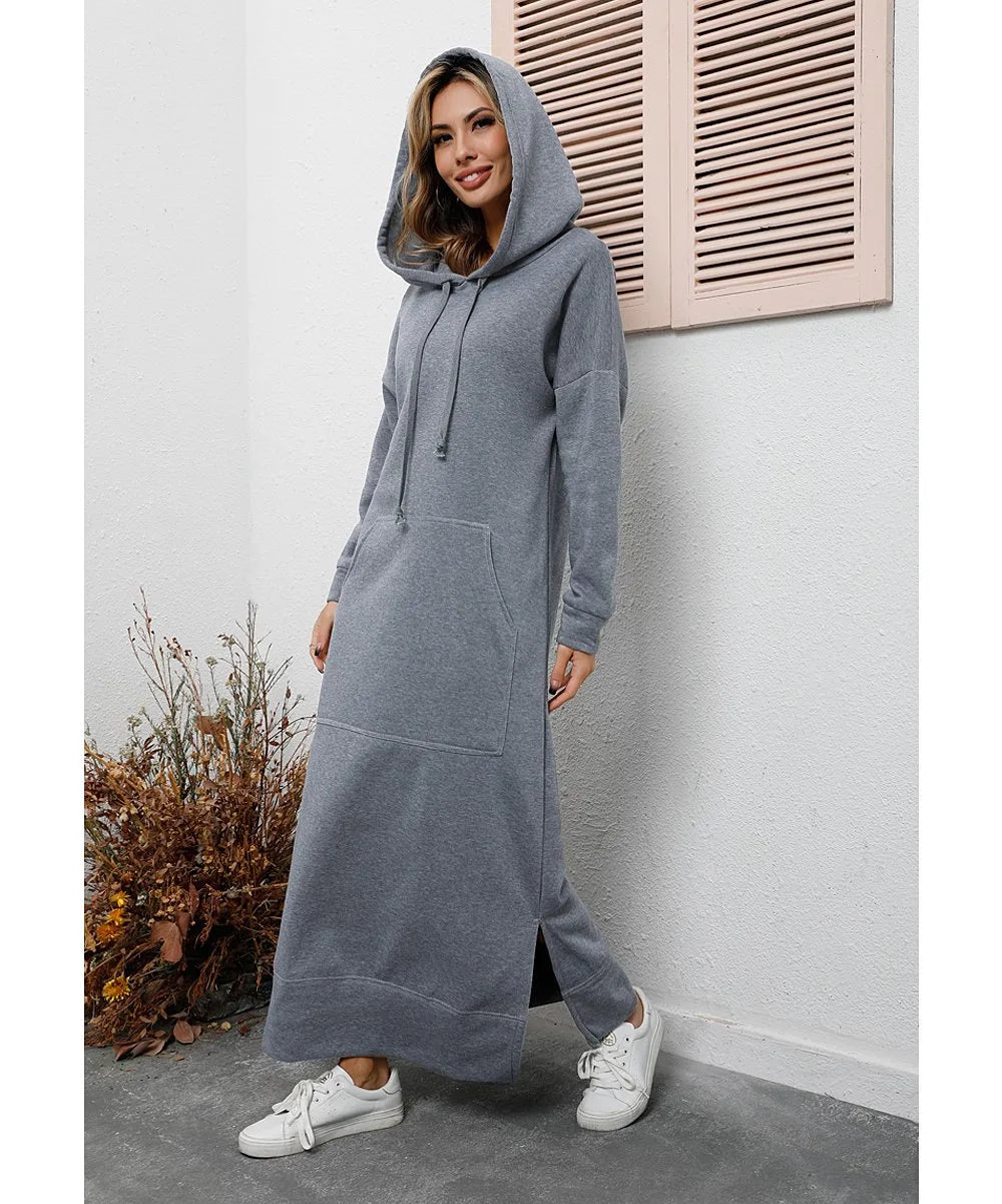 Hoodies Dress For Women Fashion 2025 Hem Lace-up Midi Robe Hooded Long Dress Autumn Winter Warm Casual Loose Sweatshirt Vestidos