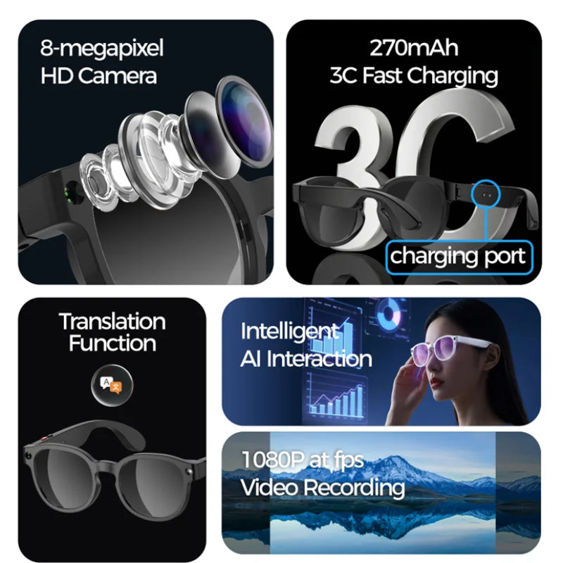 2026 AI Smart Glasses AI Translation 8MP HD Camera 4K Shooting Image Conversation Recording Listening To Music Smart Glasses