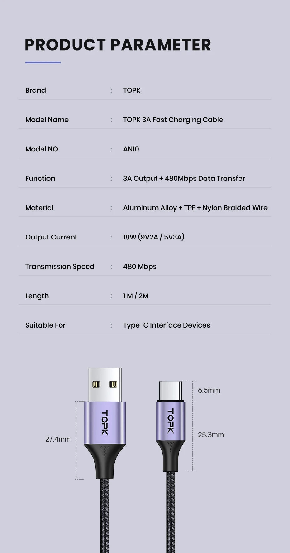 [3-Pack] USB C Charger Cable,TOPK 6.6ft 3A Fast USB C Cable Nylon Braided Data Sync USB A to Type C Charger Cable for Samsung