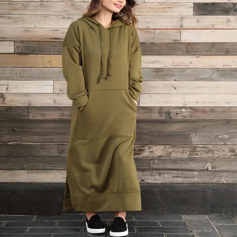 Hoodies Dress For Women Fashion 2025 Hem Lace-up Midi Robe Hooded Long Dress Autumn Winter Warm Casual Loose Sweatshirt Vestidos