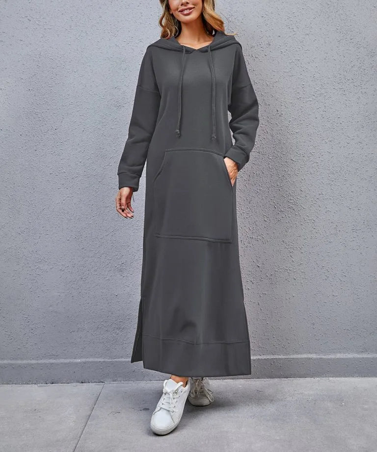 Hoodies Dress For Women Fashion 2025 Hem Lace-up Midi Robe Hooded Long Dress Autumn Winter Warm Casual Loose Sweatshirt Vestidos