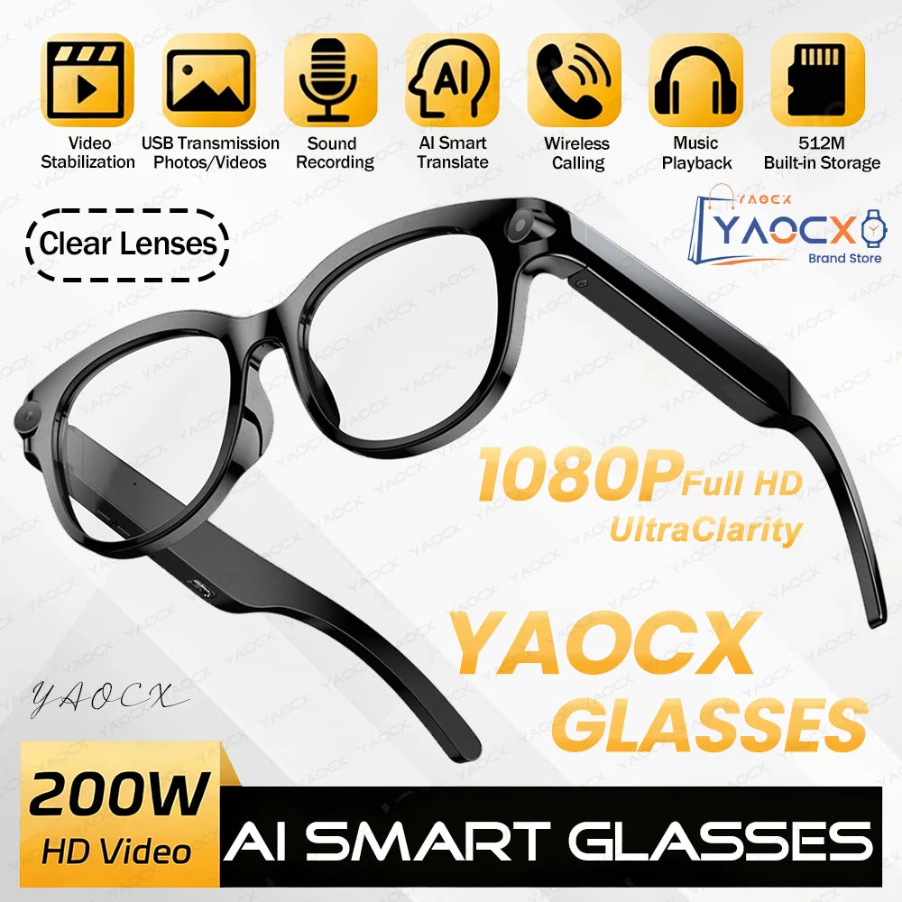 2026 AI Smart Glasses for Men Women 200W HD Camera 1080P Video AI Voice Assistant Translation Music Playback LED Flashlight