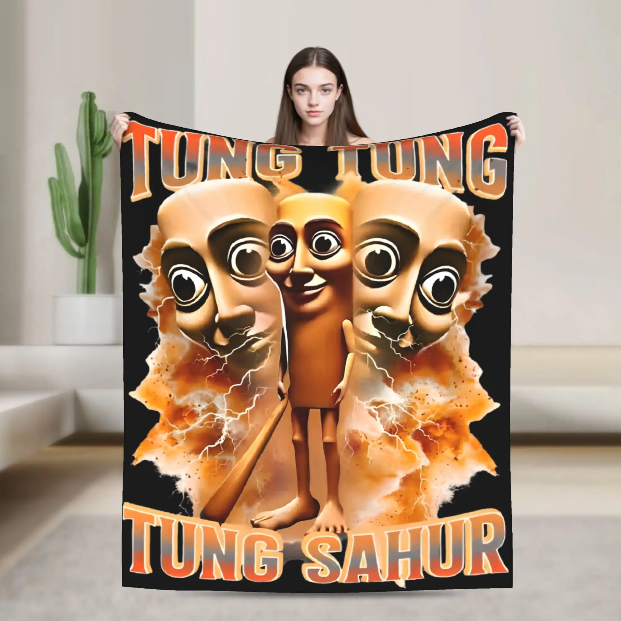 Tung Tung Tung Sahur Blankets Funny Italian Brainrot Meme Flannel Novelty Breathable Throw Blankets for Home Restaurant