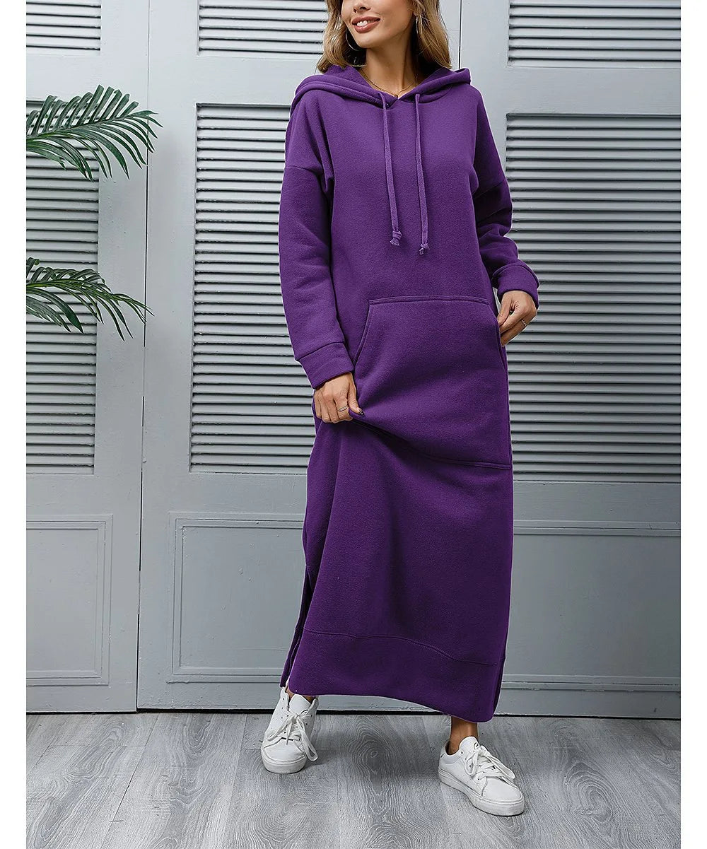 Hoodies Dress For Women Fashion 2025 Hem Lace-up Midi Robe Hooded Long Dress Autumn Winter Warm Casual Loose Sweatshirt Vestidos