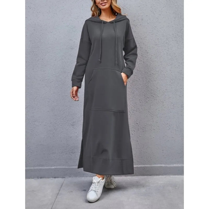 Hoodies Dress For Women Fashion 2025 Hem Lace-up Midi Robe Hooded Long Dress Autumn Winter Warm Casual Loose Sweatshirt Vestidos