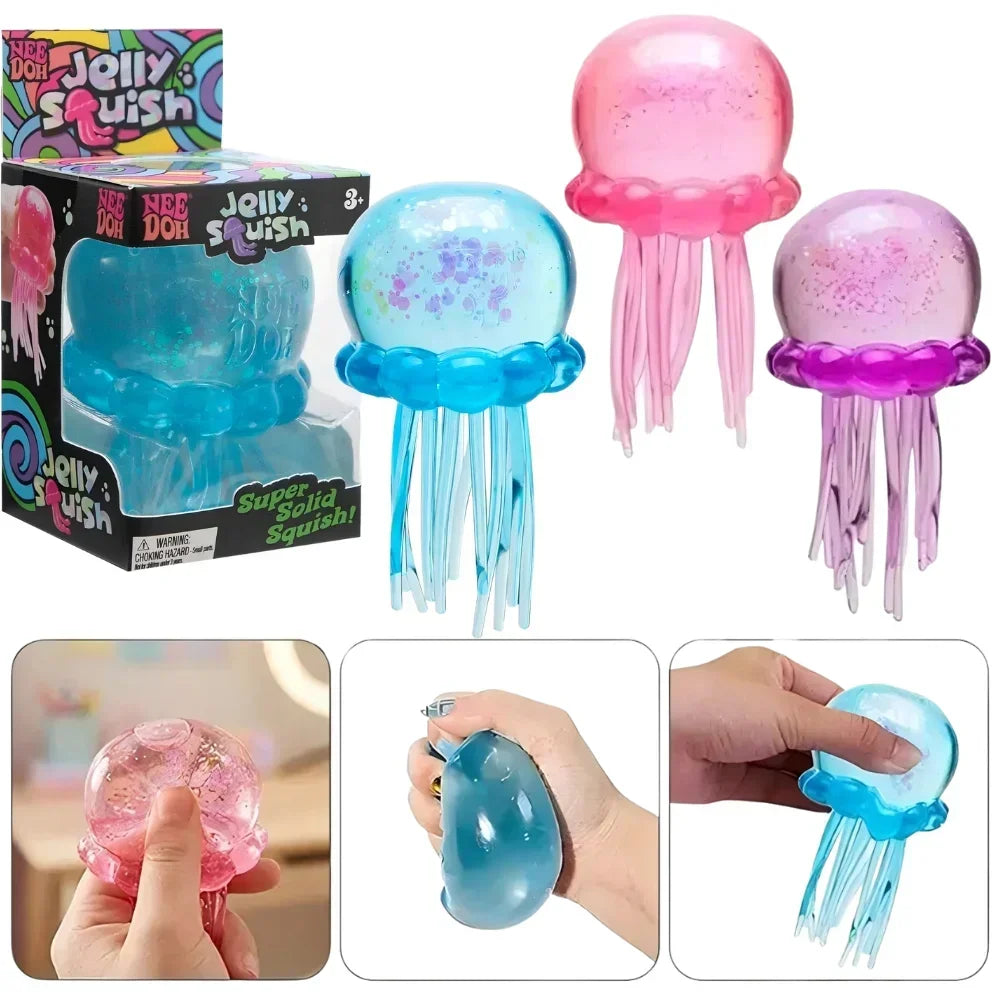 Nee Doh  Trending Jellyfish & Cube Squish Toy, Soft Jelly Squeeze Stress Relief Fidget Toy, Sensory NeeDoh for Kids & Adults