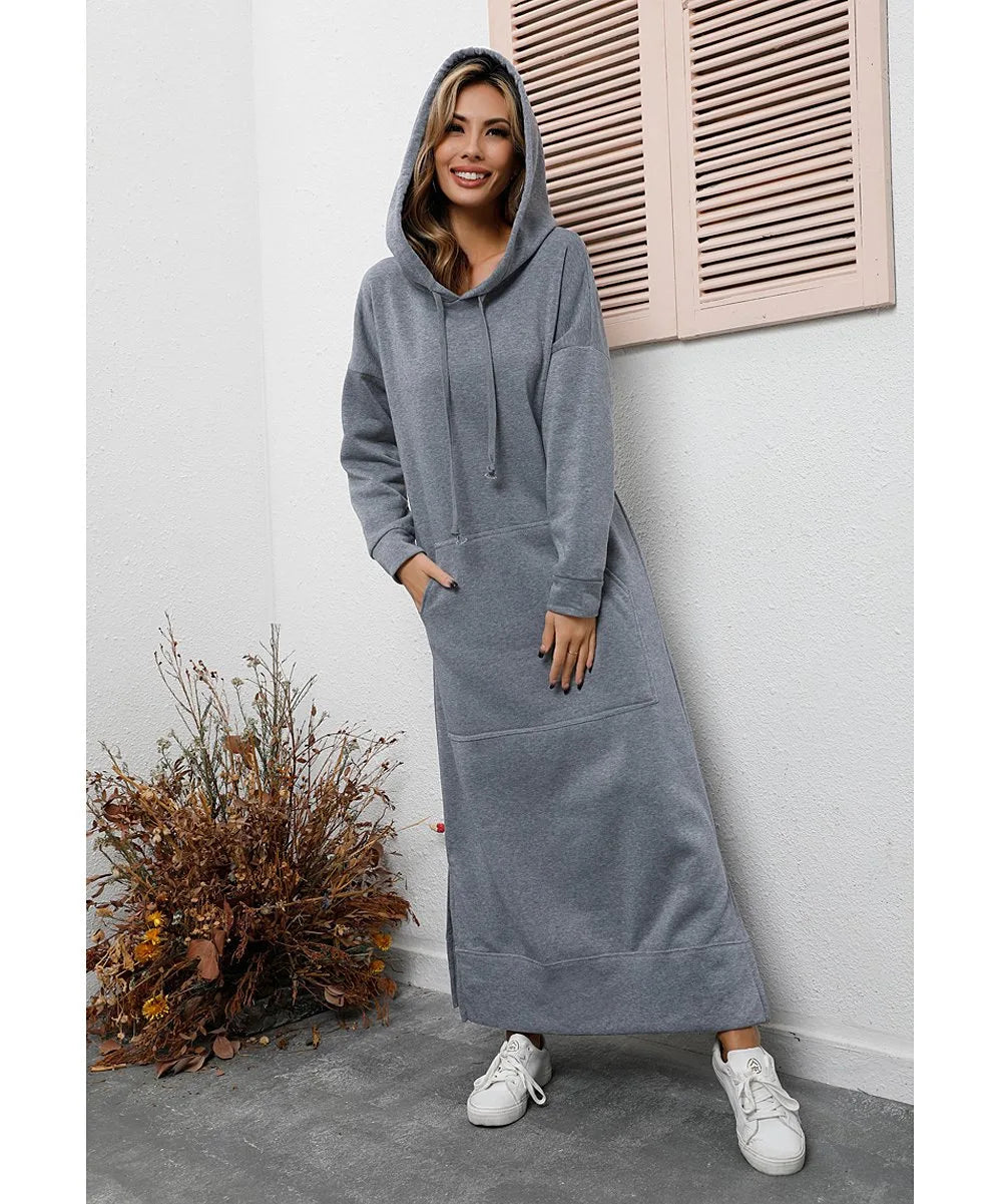 Hoodies Dress For Women Fashion 2025 Hem Lace-up Midi Robe Hooded Long Dress Autumn Winter Warm Casual Loose Sweatshirt Vestidos