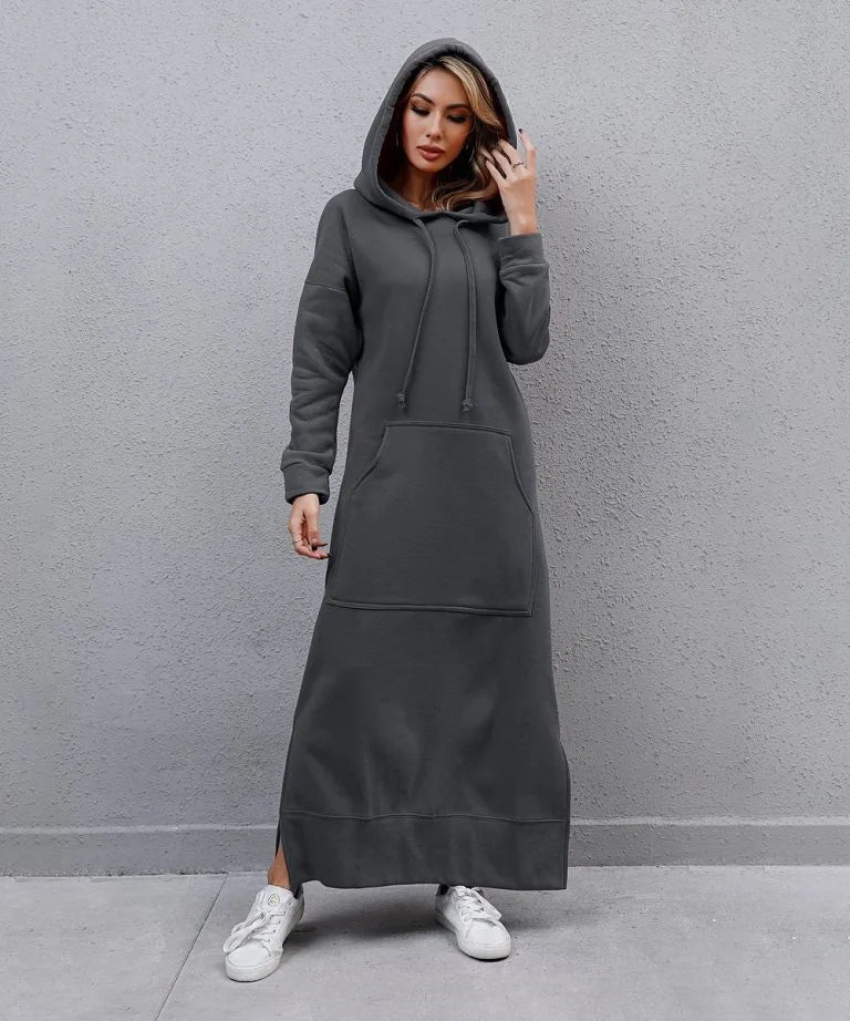 Hoodies Dress For Women Fashion 2025 Hem Lace-up Midi Robe Hooded Long Dress Autumn Winter Warm Casual Loose Sweatshirt Vestidos