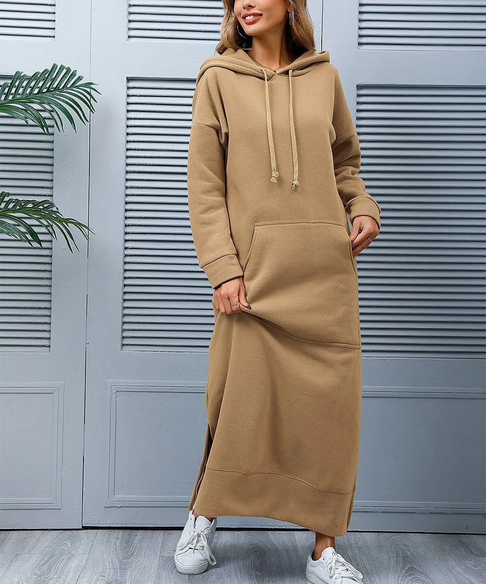 Hoodies Dress For Women Fashion 2025 Hem Lace-up Midi Robe Hooded Long Dress Autumn Winter Warm Casual Loose Sweatshirt Vestidos