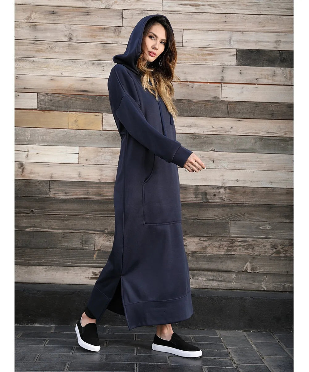 Hoodies Dress For Women Fashion 2025 Hem Lace-up Midi Robe Hooded Long Dress Autumn Winter Warm Casual Loose Sweatshirt Vestidos