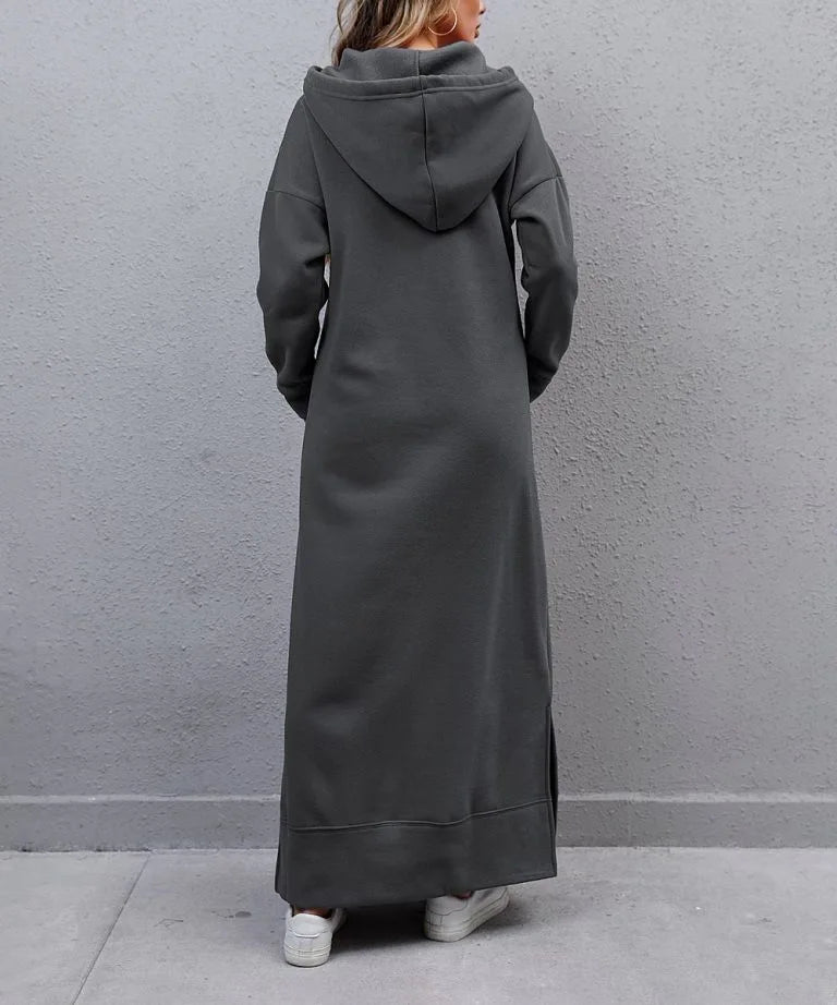 Hoodies Dress For Women Fashion 2025 Hem Lace-up Midi Robe Hooded Long Dress Autumn Winter Warm Casual Loose Sweatshirt Vestidos