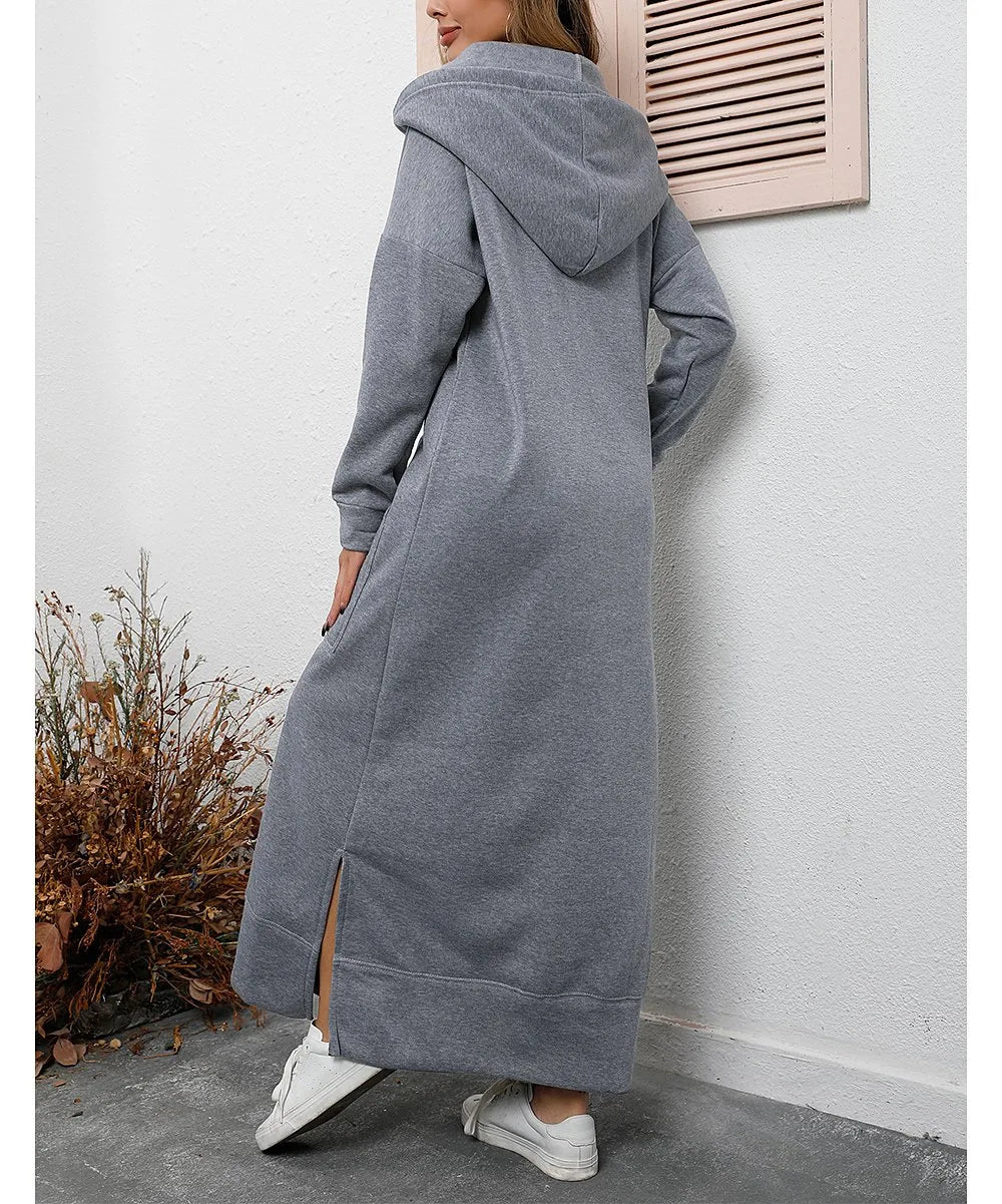 Hoodies Dress For Women Fashion 2025 Hem Lace-up Midi Robe Hooded Long Dress Autumn Winter Warm Casual Loose Sweatshirt Vestidos
